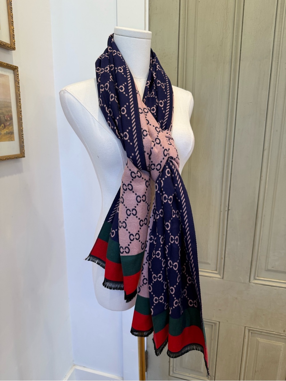 Designer-Inspired Navy and Pink Logo-Print Women's Scarf